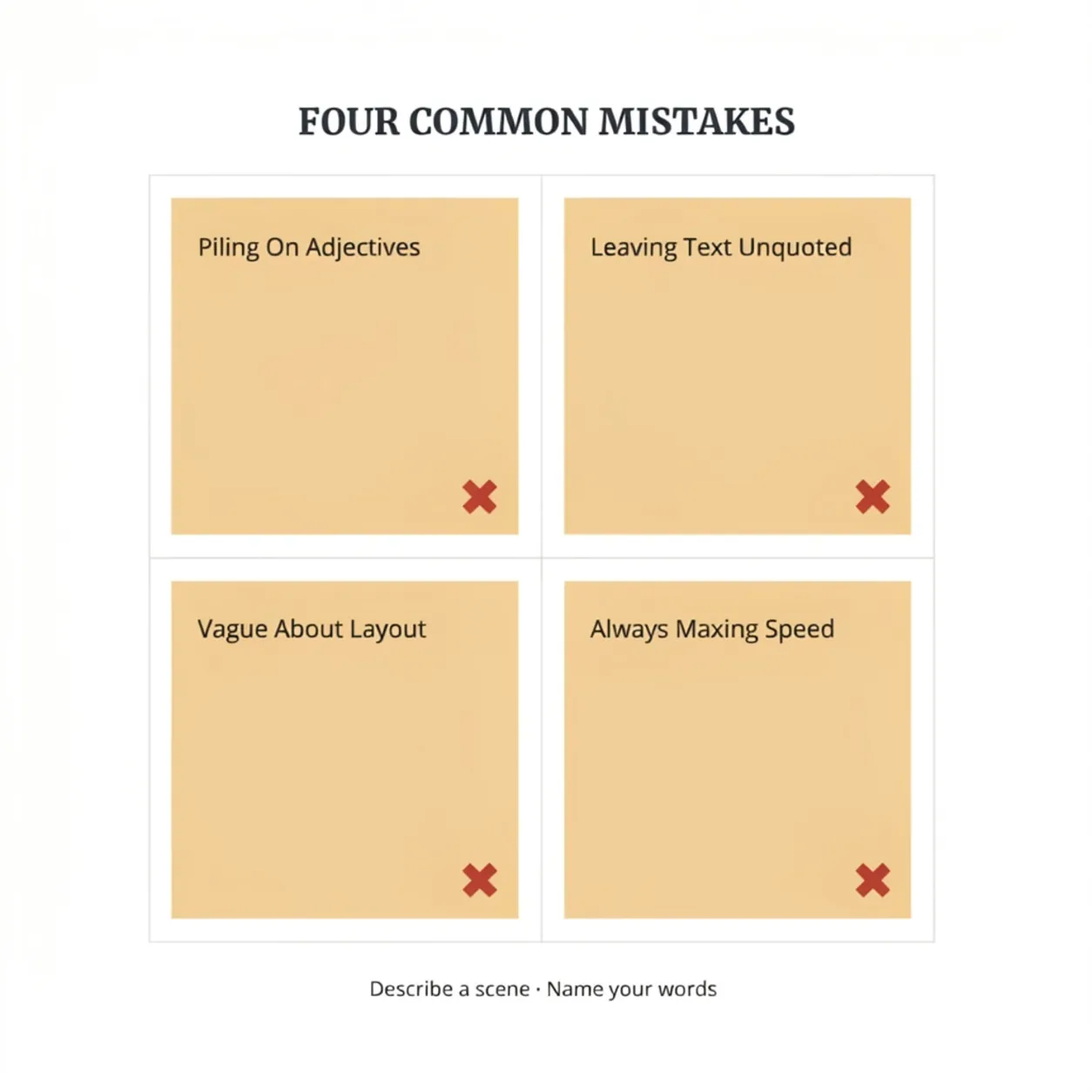 Four common Ideogram 4 mistakes — adjective piles, unquoted text, vague layout, always-max speed
